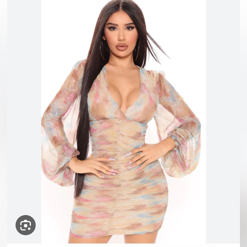 FASHION NOVA RUCHED METALLIC DRESS WITH BALLOON SLEEVES-NWT-L